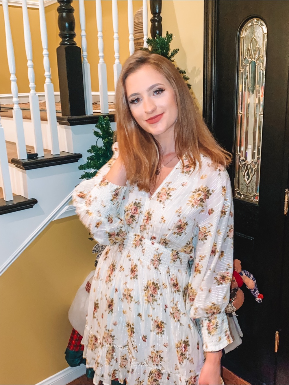 Floral Ruffle Mini Dress in Cream with Pink Roses
